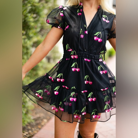 Buddy Love Sz Medium CLEMENTINE Elastic Waist Mini Dress Wild Cherries Black NWT - Picture 13 of 13